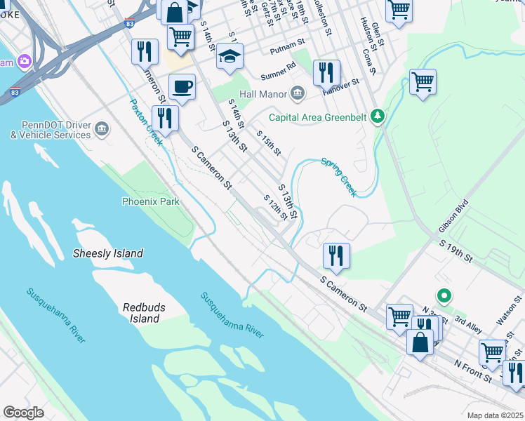 map of restaurants, bars, coffee shops, grocery stores, and more near 1500 Allison Street in Harrisburg