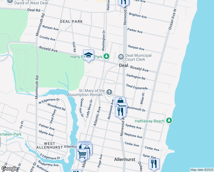 map of restaurants, bars, coffee shops, grocery stores, and more near 104 Deal Esplanade in Deal