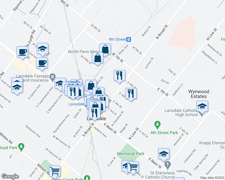 map of restaurants, bars, coffee shops, grocery stores, and more near 30 West 5th Street in Lansdale