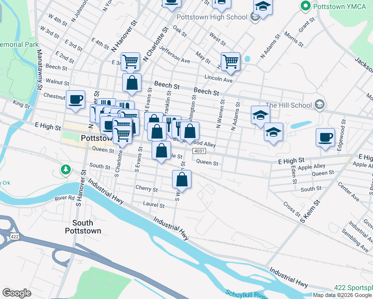 map of restaurants, bars, coffee shops, grocery stores, and more near 501 East High Street in Pottstown