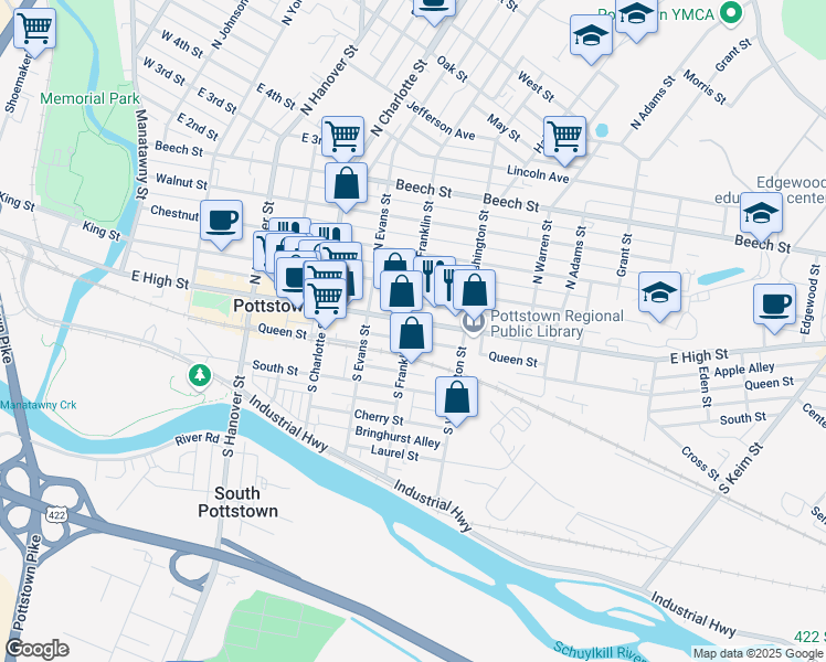 map of restaurants, bars, coffee shops, grocery stores, and more near 423 East High Street in Pottstown