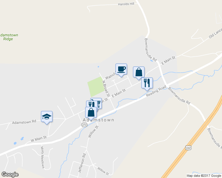 map of restaurants, bars, coffee shops, grocery stores, and more near 20 East Washington Street in Reinholds