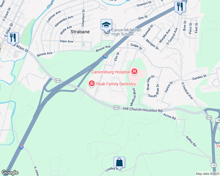 map of restaurants, bars, coffee shops, grocery stores, and more near 154 Sedeca Drive in Canonsburg