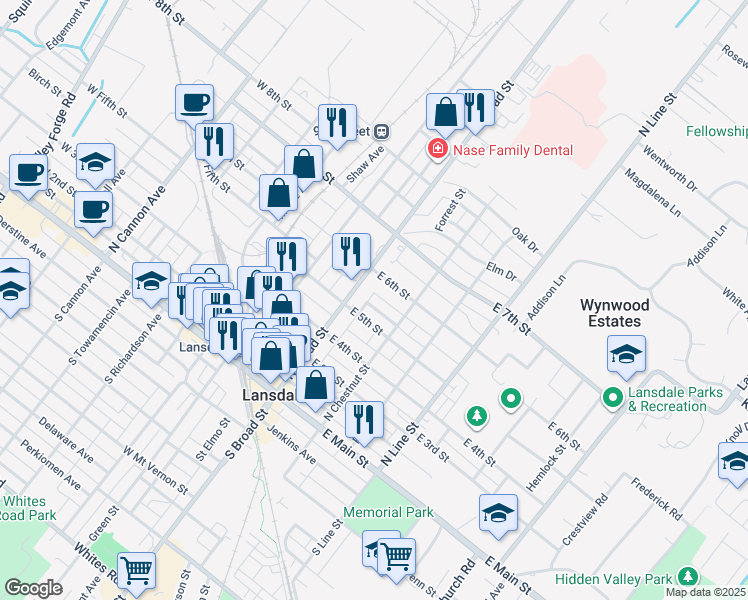 map of restaurants, bars, coffee shops, grocery stores, and more near 24 East 6th Street in Lansdale