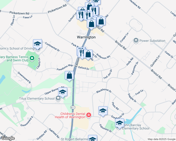 map of restaurants, bars, coffee shops, grocery stores, and more near 1115 Thomas Road in Warrington