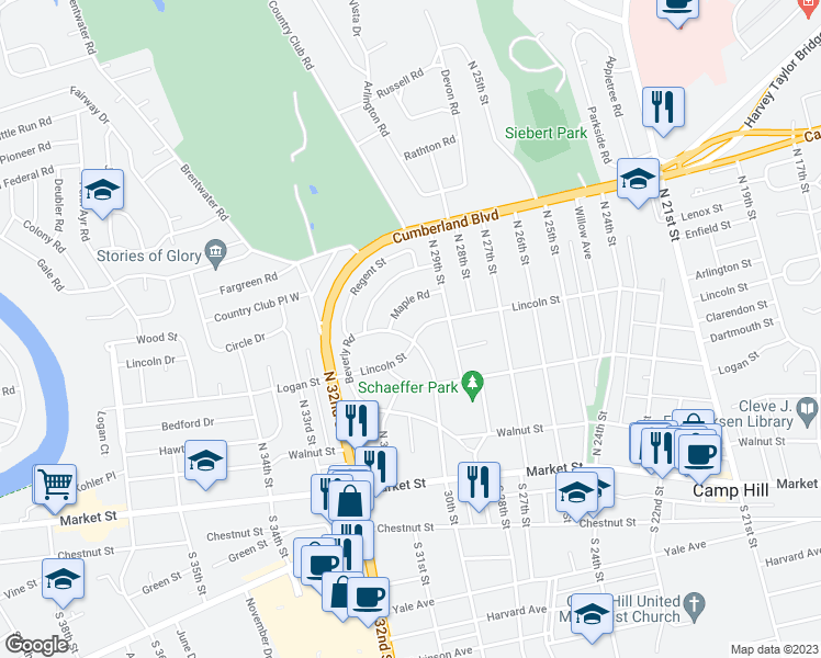 map of restaurants, bars, coffee shops, grocery stores, and more near 2958 Lincoln Street in Camp Hill