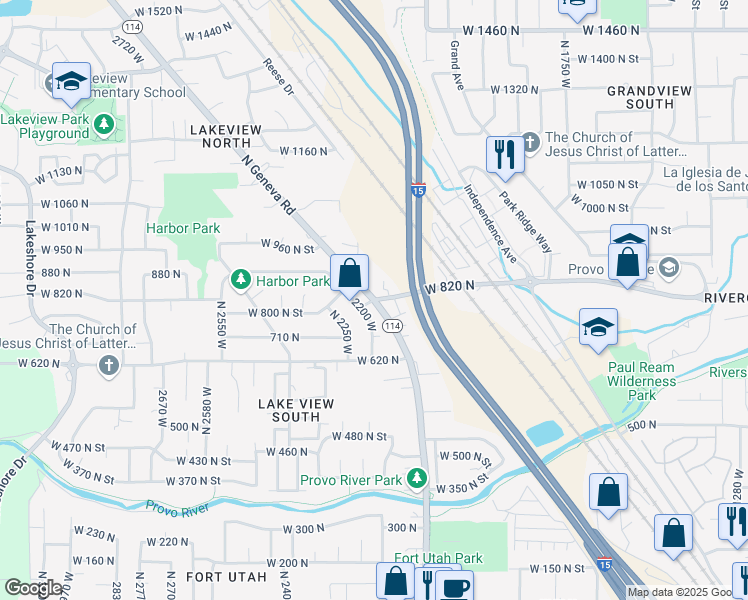 map of restaurants, bars, coffee shops, grocery stores, and more near South 2120 West in Provo