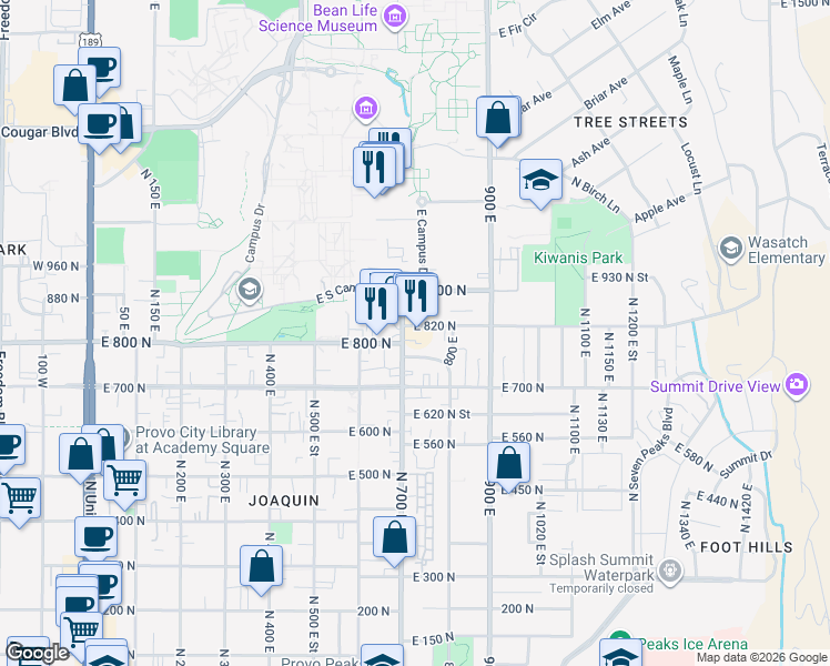 map of restaurants, bars, coffee shops, grocery stores, and more near 820 700 East in Provo