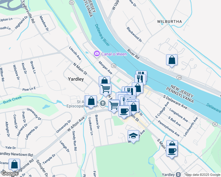 map of restaurants, bars, coffee shops, grocery stores, and more near 84 North Main Street in Yardley