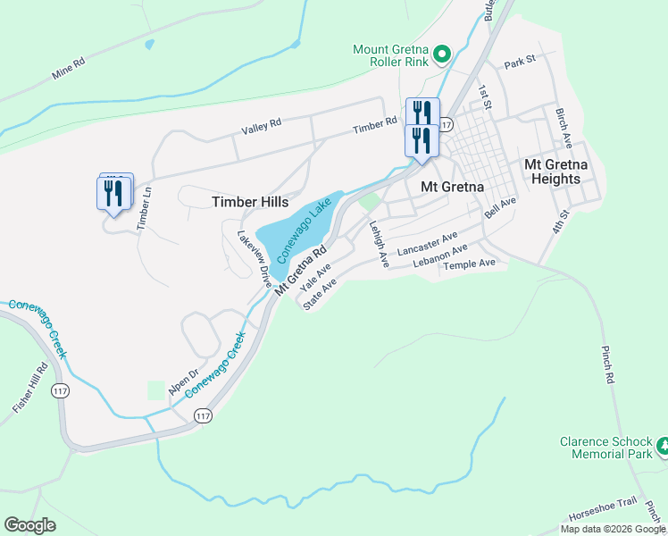 map of restaurants, bars, coffee shops, grocery stores, and more near 402 Yale Avenue in Mount Gretna