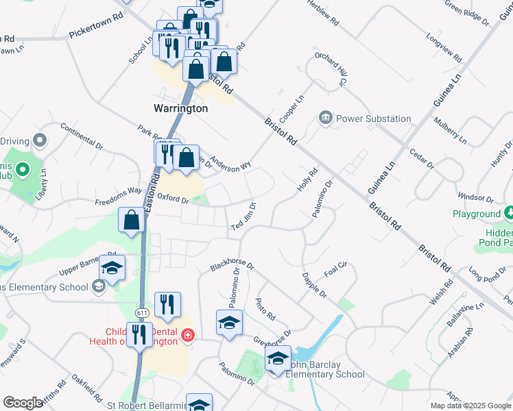 map of restaurants, bars, coffee shops, grocery stores, and more near 2142 Ted Jim Drive in Warrington