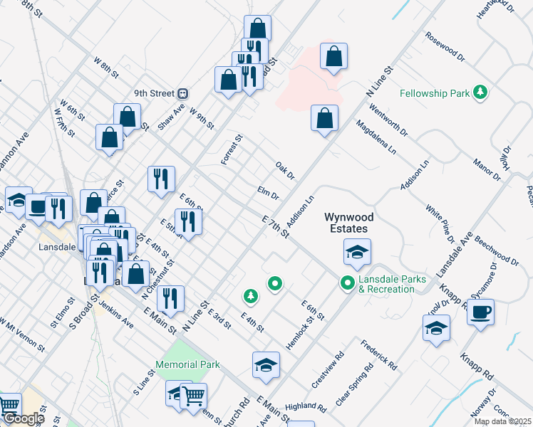 map of restaurants, bars, coffee shops, grocery stores, and more near 233 East 7th Street in Lansdale