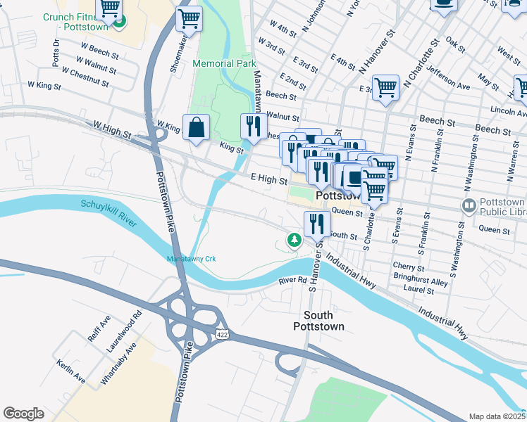 map of restaurants, bars, coffee shops, grocery stores, and more near 121 College Drive in Pottstown