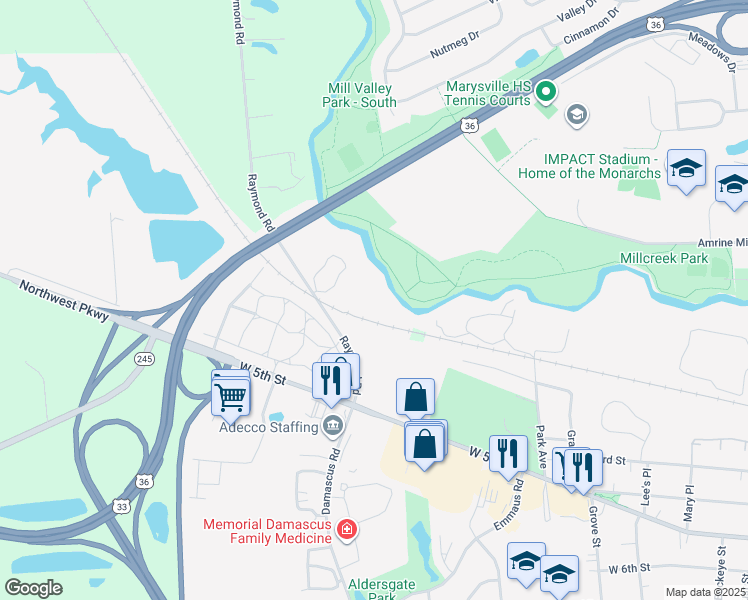 map of restaurants, bars, coffee shops, grocery stores, and more near 458 Raymond Road in Marysville