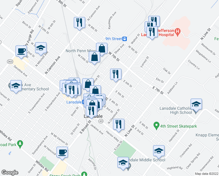 map of restaurants, bars, coffee shops, grocery stores, and more near 12 West 5th Street in Lansdale