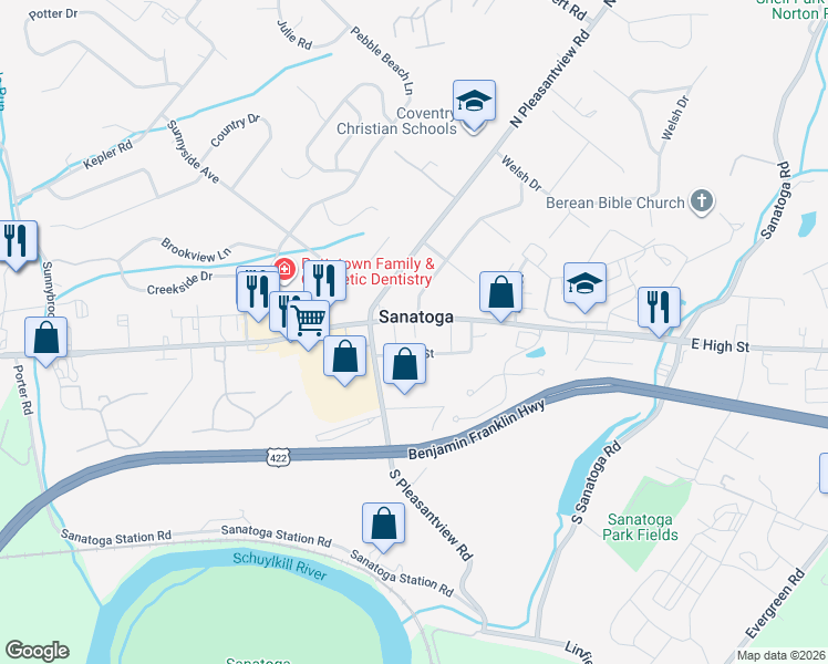 map of restaurants, bars, coffee shops, grocery stores, and more near 2298 East High Street in Pottstown