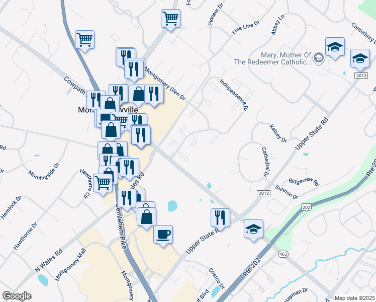 map of restaurants, bars, coffee shops, grocery stores, and more near 108 Franklin Court in North Wales