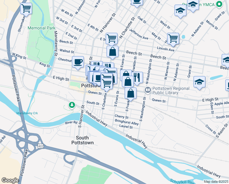 map of restaurants, bars, coffee shops, grocery stores, and more near 320 East High Street in Pottstown