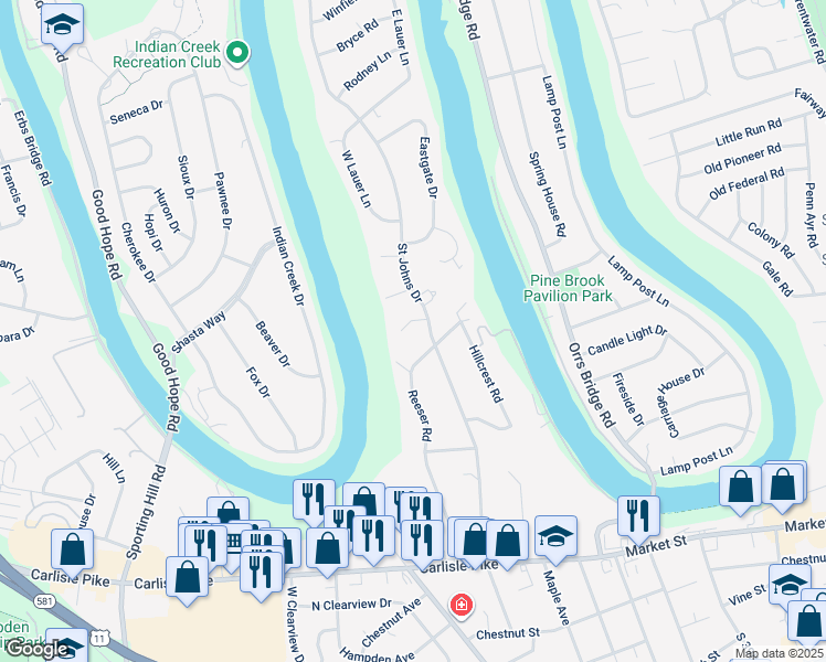 map of restaurants, bars, coffee shops, grocery stores, and more near 1 Stailey Cir in Camp Hill