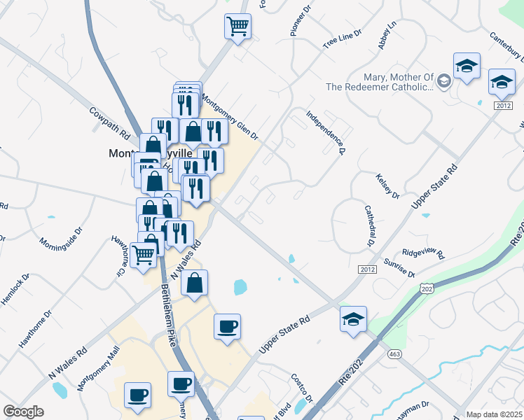 map of restaurants, bars, coffee shops, grocery stores, and more near 108 Franklin Court in North Wales