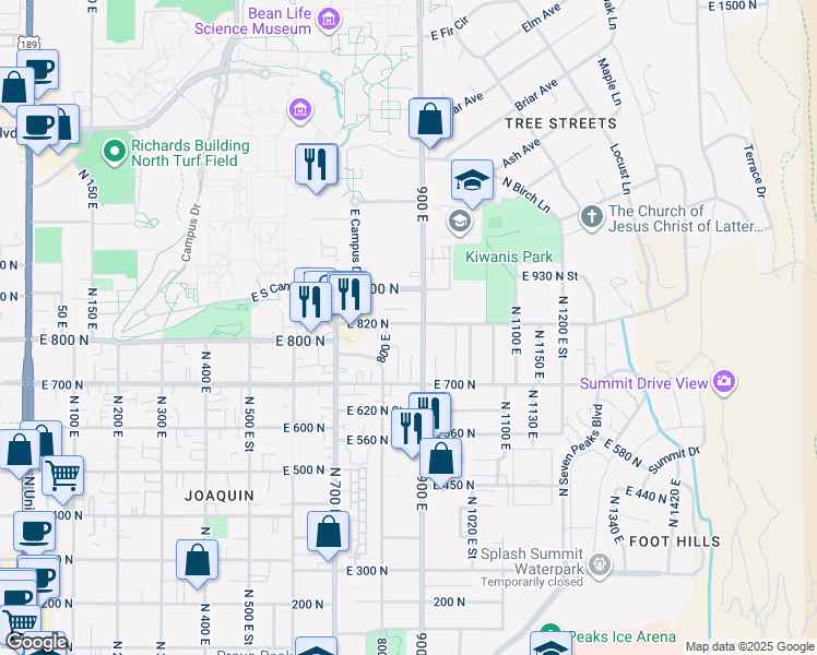 map of restaurants, bars, coffee shops, grocery stores, and more near 873 East 820 North in Provo