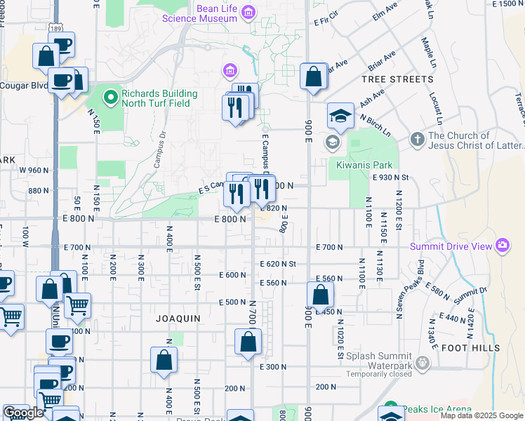map of restaurants, bars, coffee shops, grocery stores, and more near 820 700 East in Provo