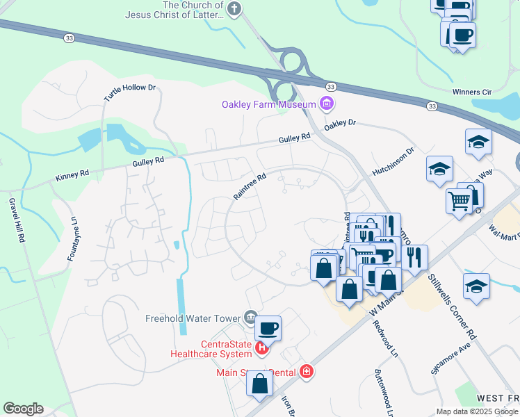map of restaurants, bars, coffee shops, grocery stores, and more near 66 Ridge Place in Freehold