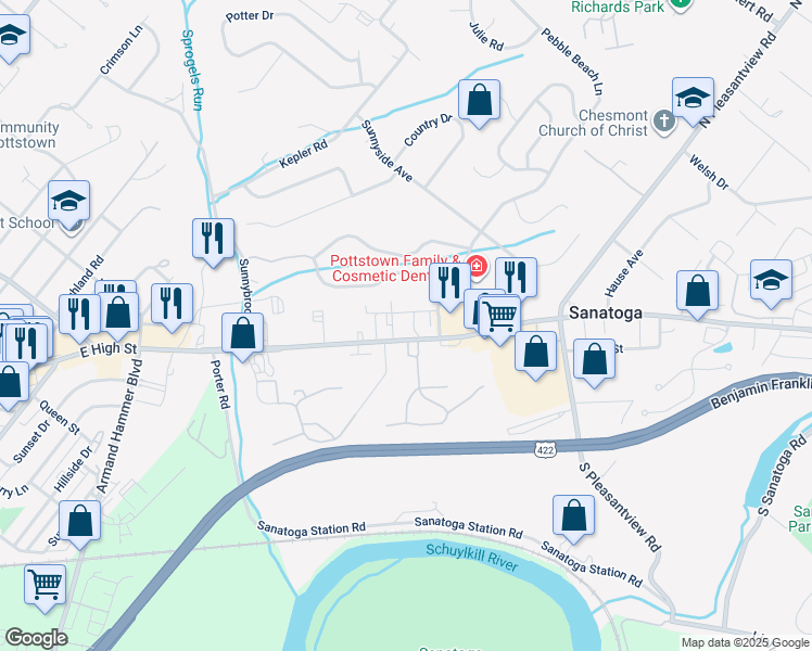 map of restaurants, bars, coffee shops, grocery stores, and more near 2117 East High Street in Pottstown