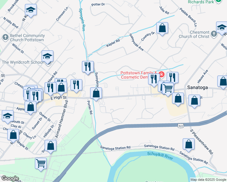 map of restaurants, bars, coffee shops, grocery stores, and more near 1905 East High Street in Pottstown