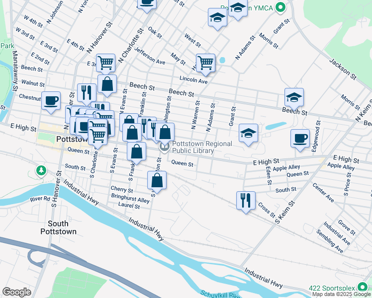 map of restaurants, bars, coffee shops, grocery stores, and more near 539 East High Street in Pottstown