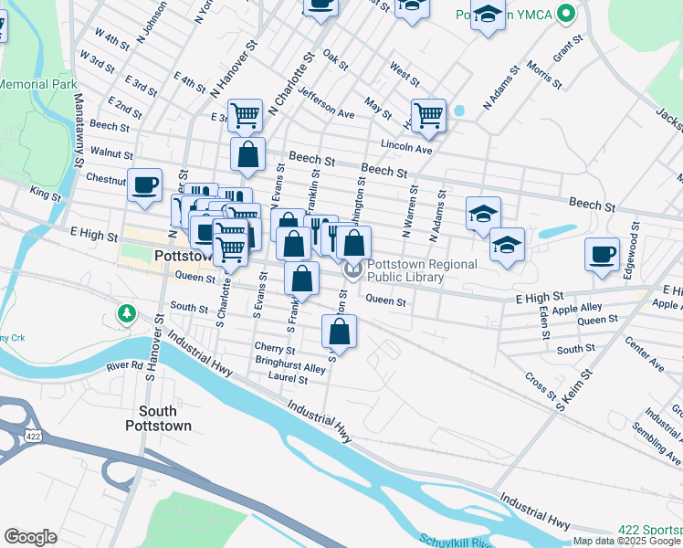 map of restaurants, bars, coffee shops, grocery stores, and more near 501 East High Street in Pottstown