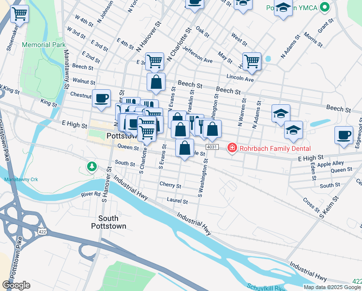 map of restaurants, bars, coffee shops, grocery stores, and more near 364 East High Street in Pottstown