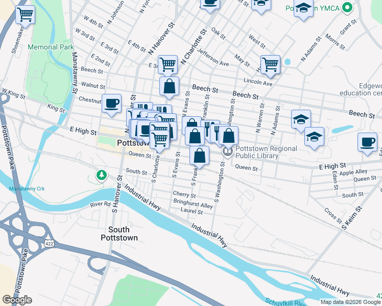 map of restaurants, bars, coffee shops, grocery stores, and more near 364 East High Street in Pottstown