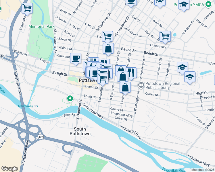 map of restaurants, bars, coffee shops, grocery stores, and more near 320 East High Street in Pottstown