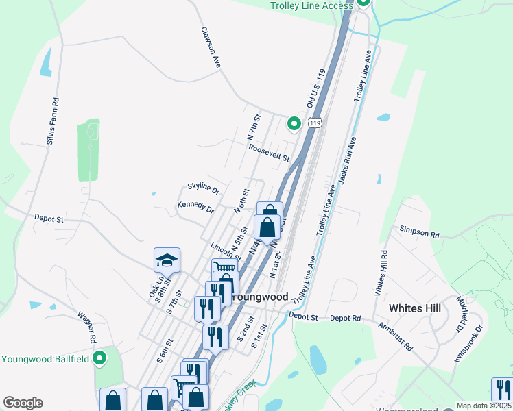map of restaurants, bars, coffee shops, grocery stores, and more near 410 North 5th Street in Youngwood