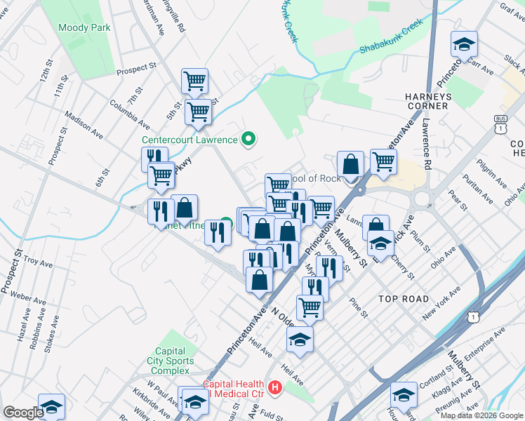 map of restaurants, bars, coffee shops, grocery stores, and more near 988 Spruce Street in Lawrence Township