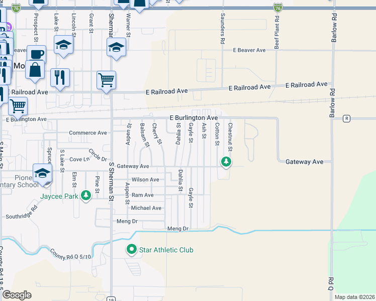 map of restaurants, bars, coffee shops, grocery stores, and more near 218 Gayle Street in Fort Morgan