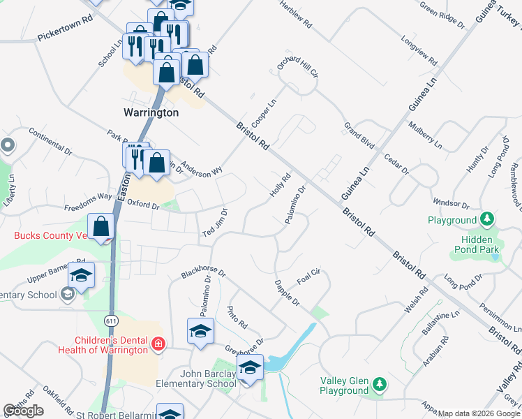 map of restaurants, bars, coffee shops, grocery stores, and more near 1266 Holly Road in Warrington