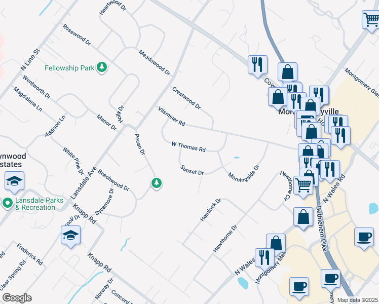 map of restaurants, bars, coffee shops, grocery stores, and more near 1120 West Thomas Road in Lansdale