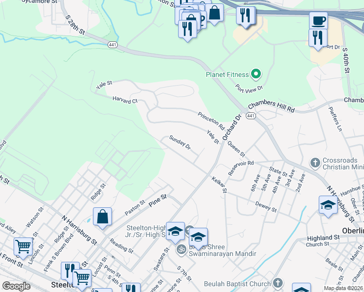 map of restaurants, bars, coffee shops, grocery stores, and more near 497 Sunday Drive in Harrisburg