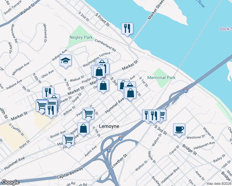 map of restaurants, bars, coffee shops, grocery stores, and more near 316 Bosler Avenue in Lemoyne