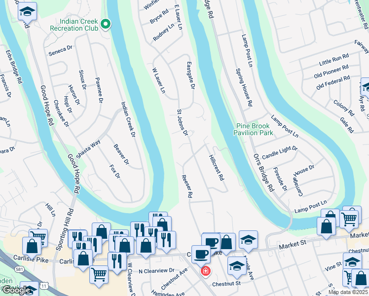 map of restaurants, bars, coffee shops, grocery stores, and more near 1 Stailey Cir in Camp Hill
