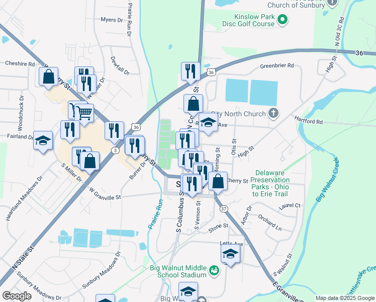 map of restaurants, bars, coffee shops, grocery stores, and more near 111 North Columbus Street in Sunbury