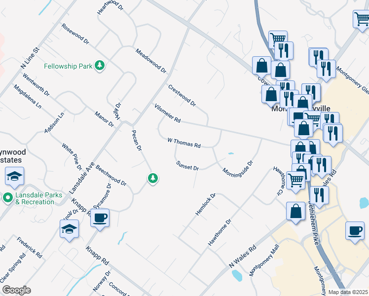 map of restaurants, bars, coffee shops, grocery stores, and more near 1120 West Thomas Road in Lansdale