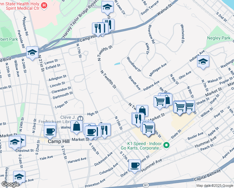 map of restaurants, bars, coffee shops, grocery stores, and more near 15 Indiana Circle in Lemoyne