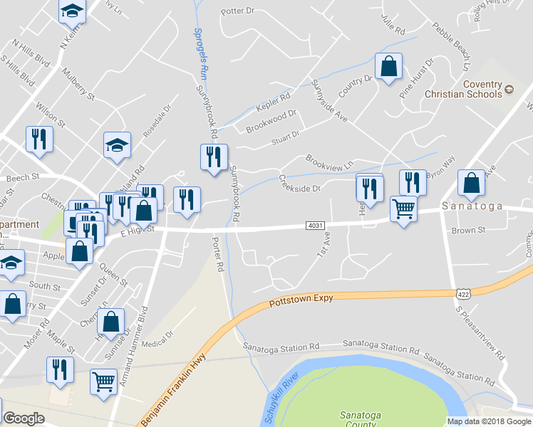 map of restaurants, bars, coffee shops, grocery stores, and more near 1905 East High Street in Pottstown