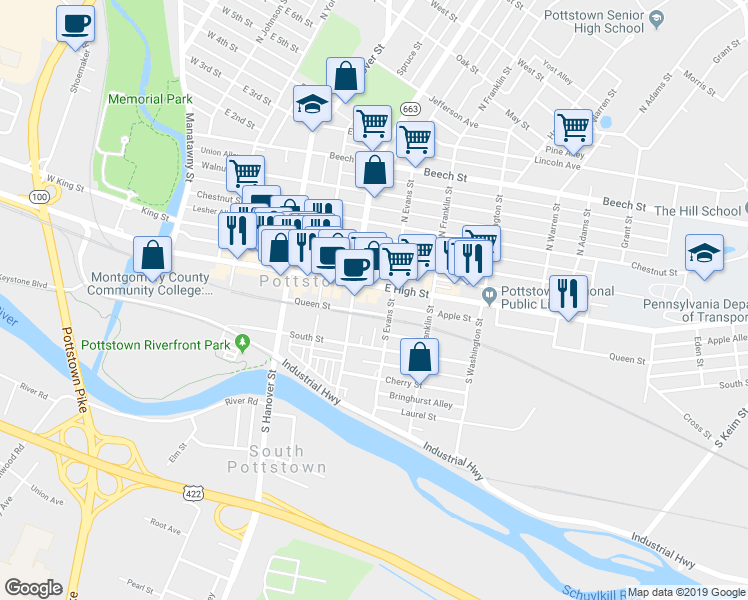 map of restaurants, bars, coffee shops, grocery stores, and more near 320 East High Street in Pottstown