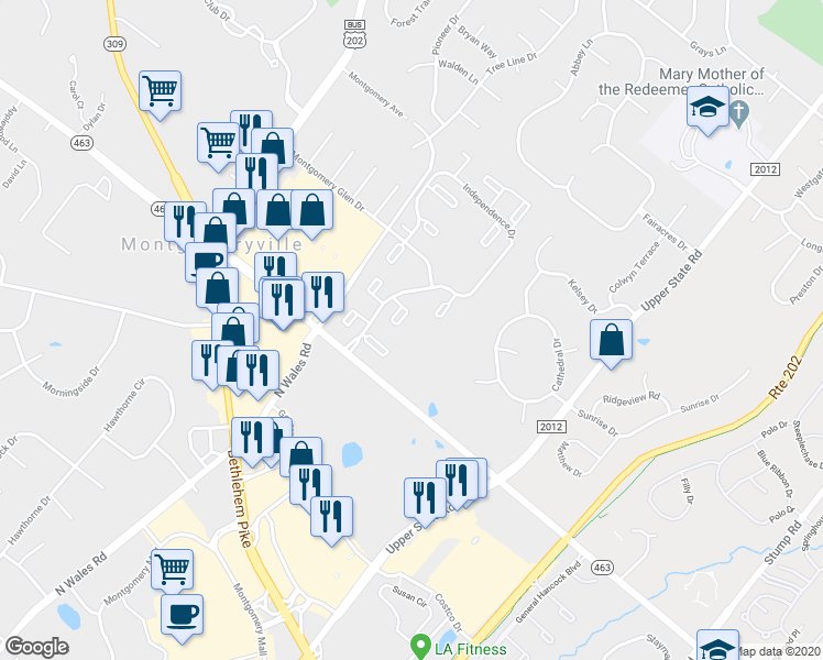 map of restaurants, bars, coffee shops, grocery stores, and more near 300 Hancock Court in North Wales