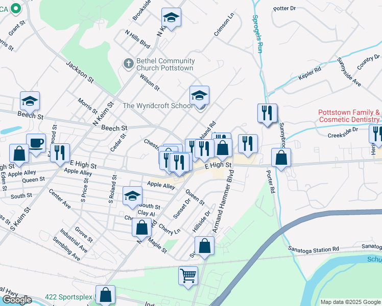 map of restaurants, bars, coffee shops, grocery stores, and more near 221 Highland Road in Pottstown