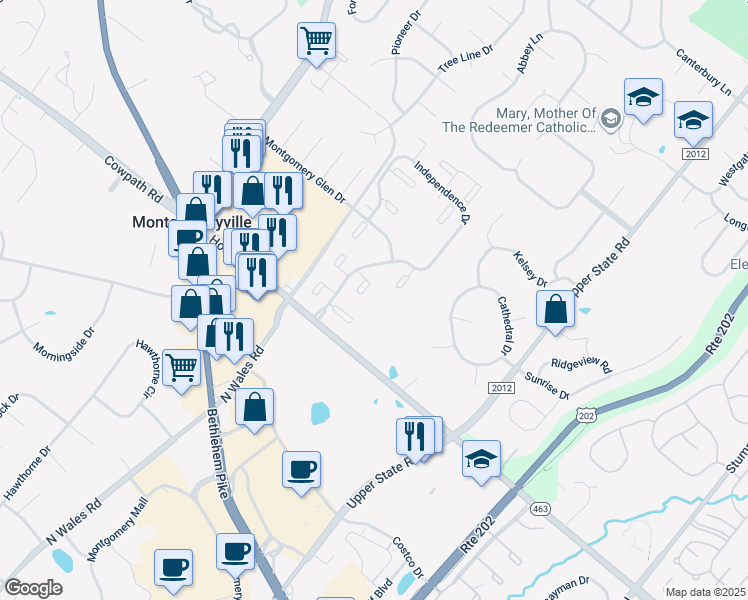 map of restaurants, bars, coffee shops, grocery stores, and more near 300 Hancock Court in North Wales